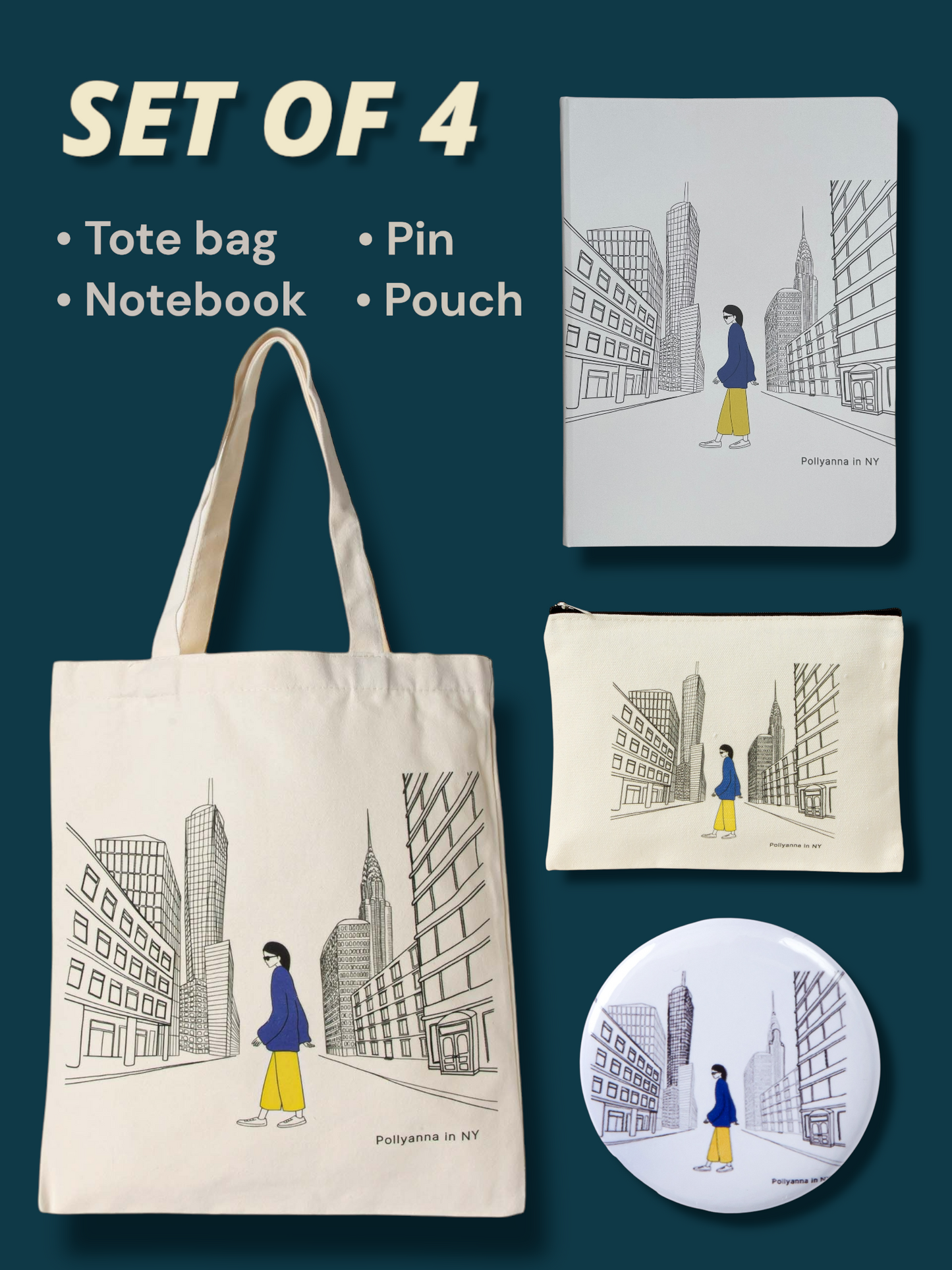 Christmas gift set of 4 Canvas tote bag with small cotton cosmetic bag, round button pin and unique notebook