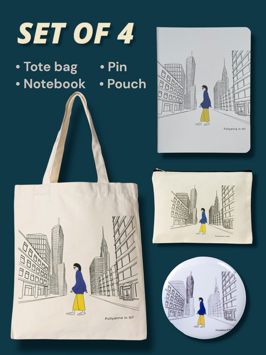 Christmas gift set of 4 Canvas tote bag with small cotton cosmetic bag, round button pin and unique notebook