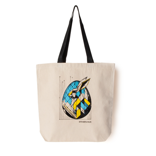 Gotta Hustle in Life tote bag with black handles on white background